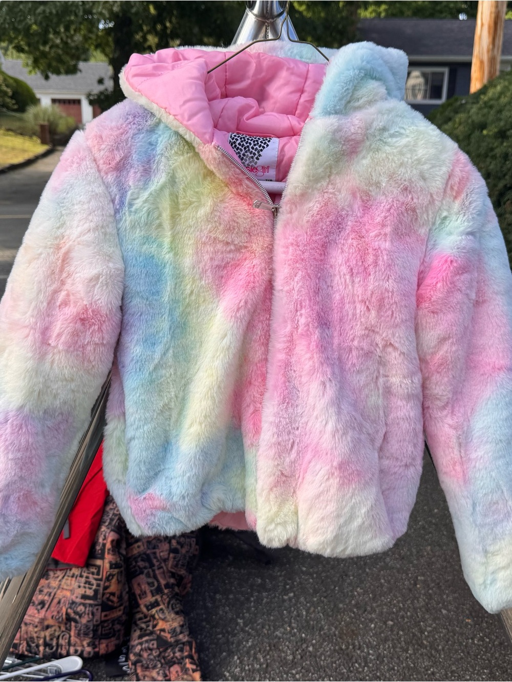 Kensie Girls' Pastel Rainbow Faux-Fur Hooded Jacket - Pink